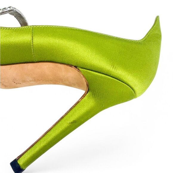 MANOLO BLAHNIK Avocado Satin Crystal Buckle Pointed Toe Pumps Size EU37.5 - Picture 10 of 13